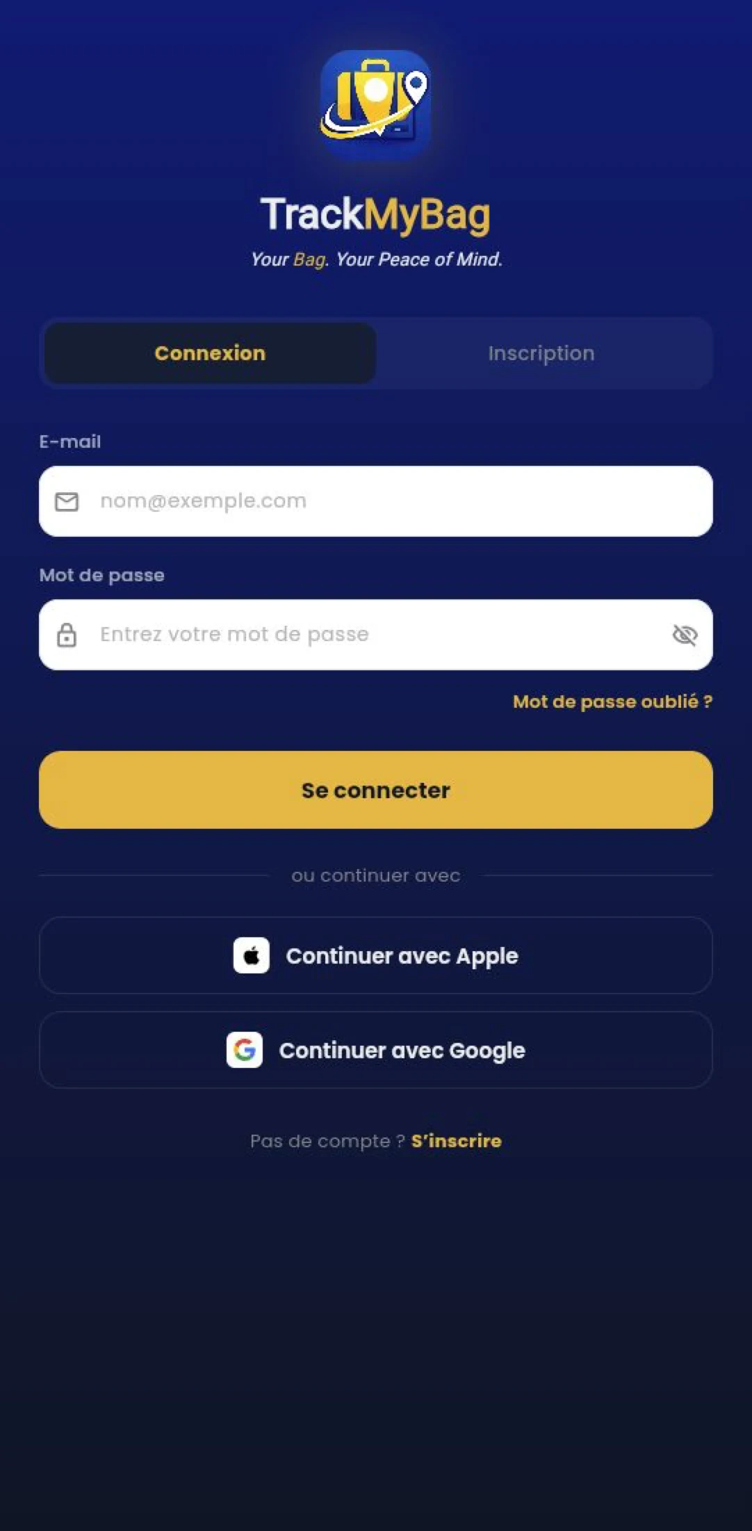 Application TrackMyBag — écran de connexion