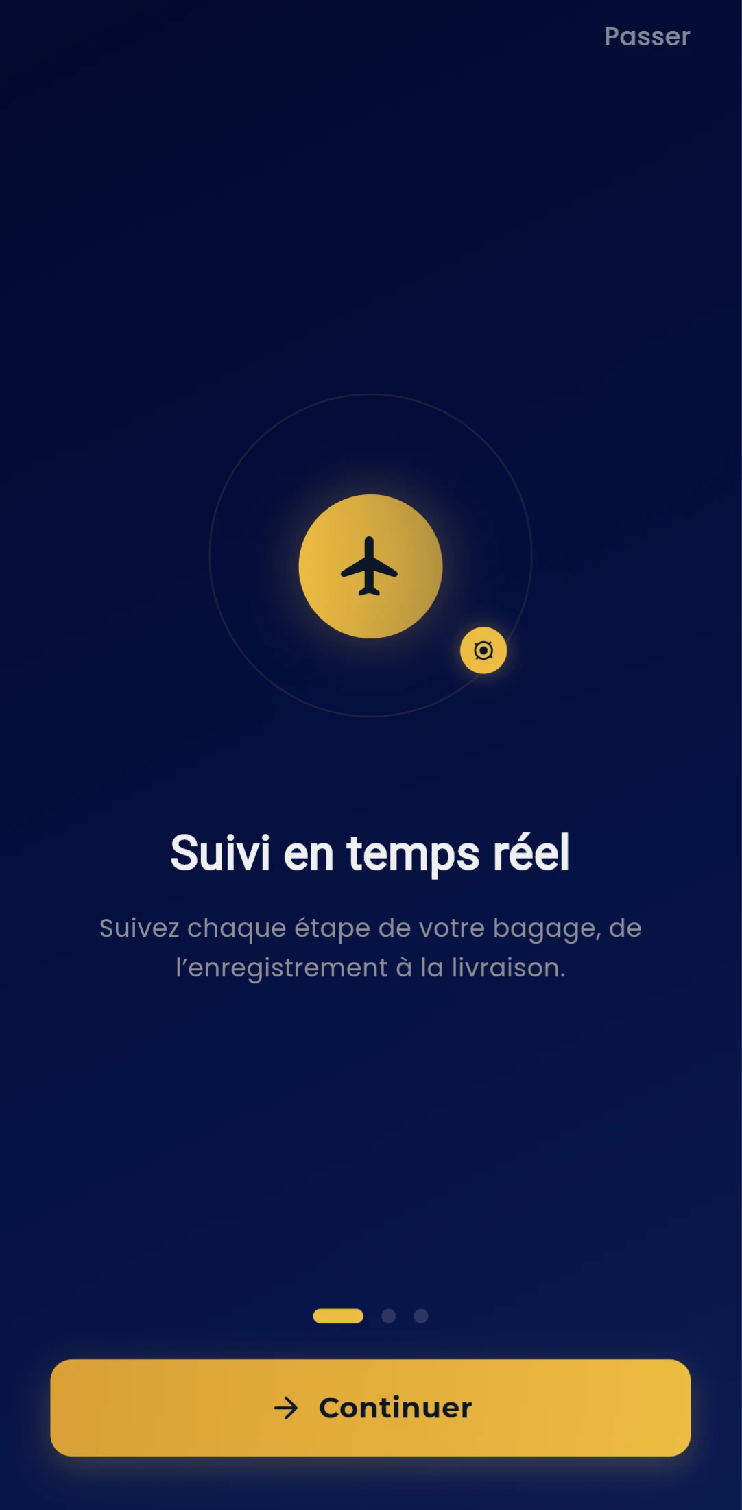 Application TrackMyBag — écran d'onboarding
