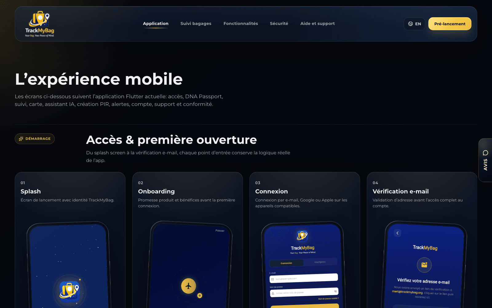 TrackMyBag — page Application : parcours d'accès et première ouverture