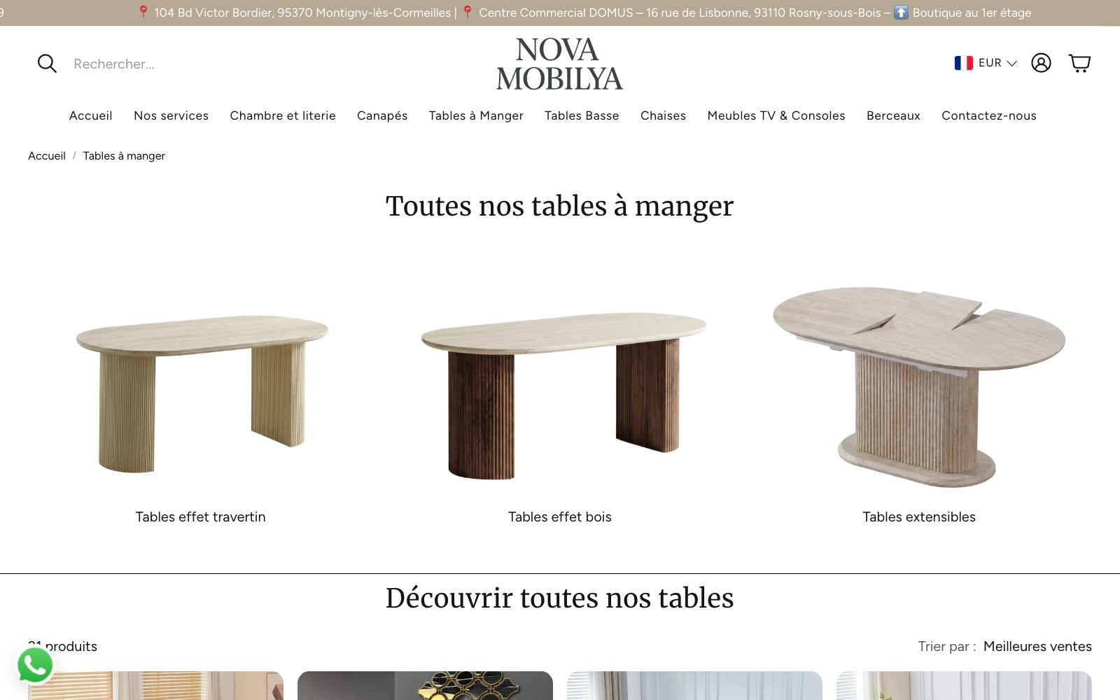 Nova Meubles — collection Tables à manger et ses sous-collections effet travertin, effet bois et extensibles