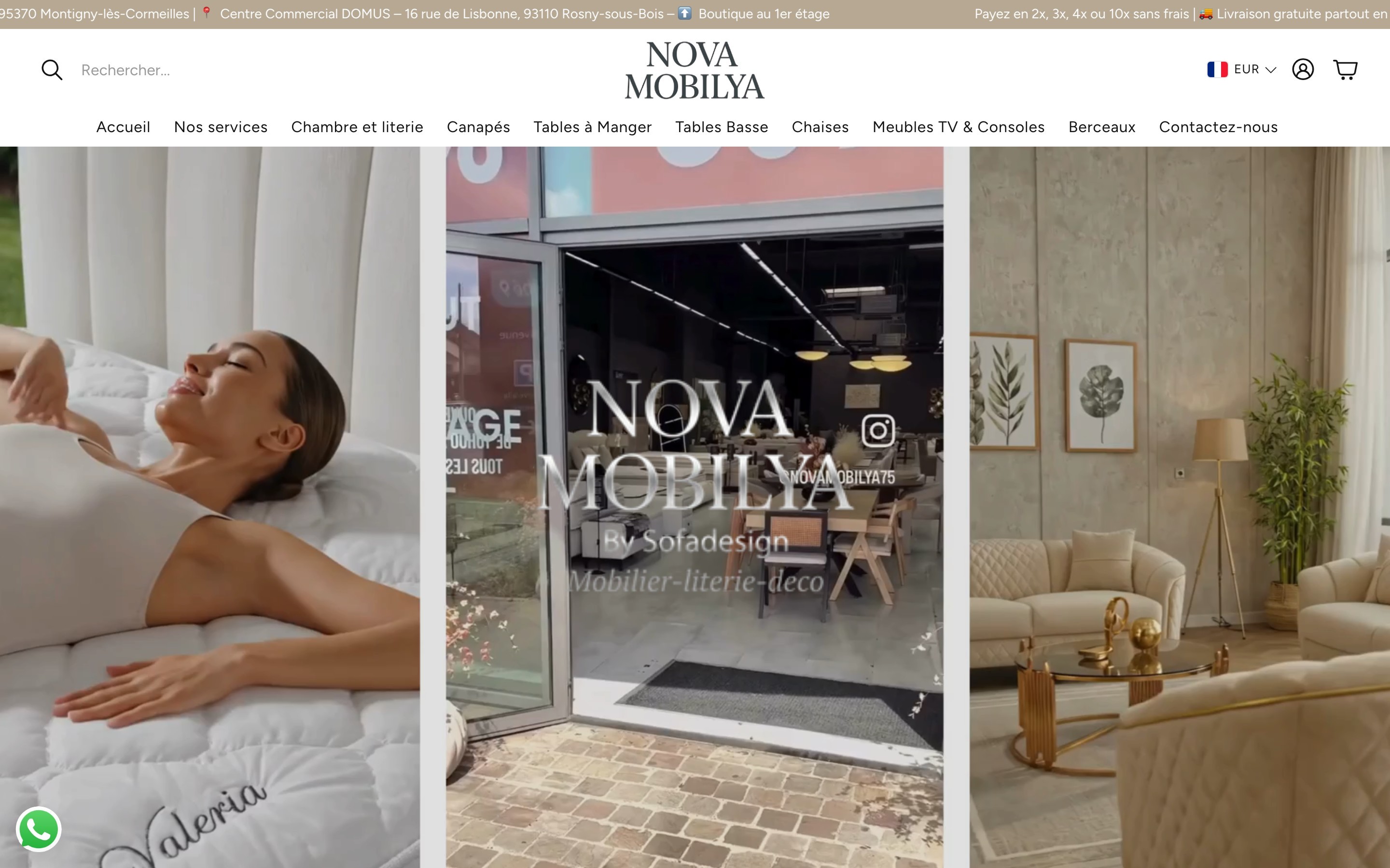 Boutique en ligne Nova Meubles — page d'accueil avec les adresses des deux showrooms