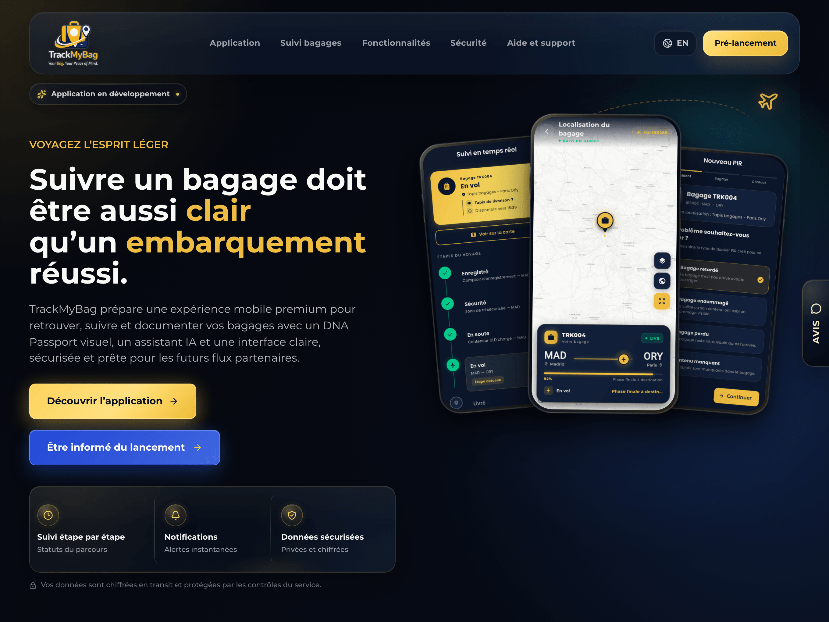 Site TrackMyBag — application mobile de suivi de bagages, écran d'accueil