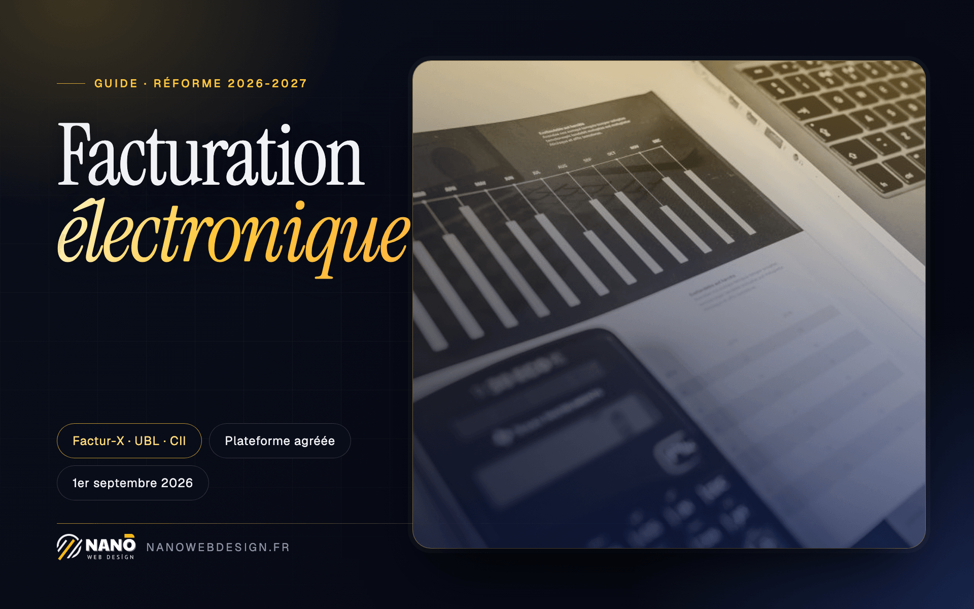 Facturation électronique 2026 : rapport chiffré, calculatrice et ordinateur portable — couverture du guide
