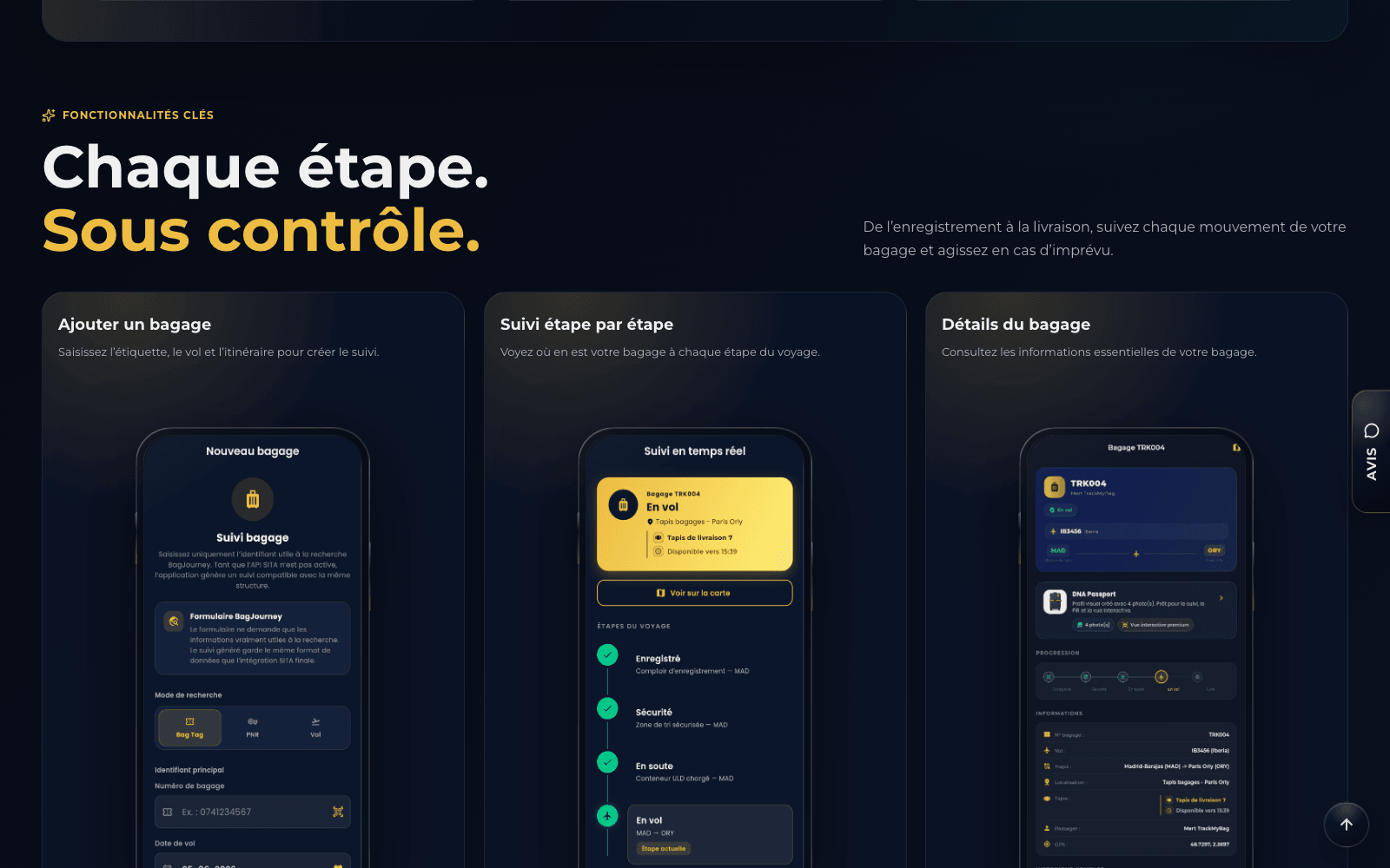 TrackMyBag — fonctionnalités clés : ajout d'un bagage, suivi étape par étape, détails