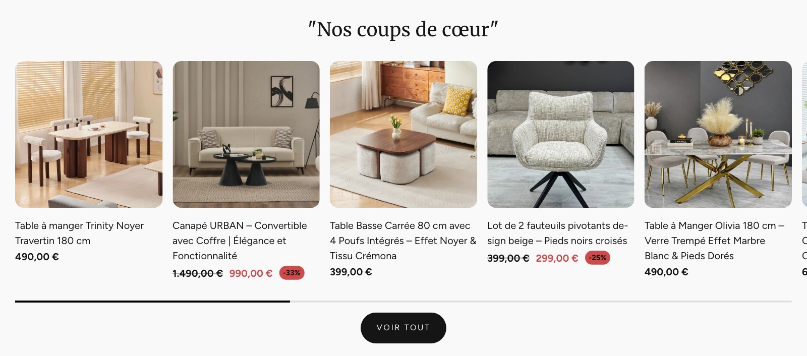 Nova Meubles — sélection « Nos coups de cœur » sur la page d'accueil