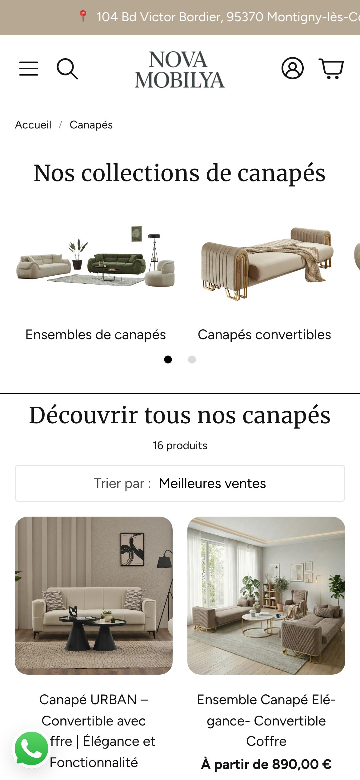 Nova Meubles sur smartphone — collection Canapés