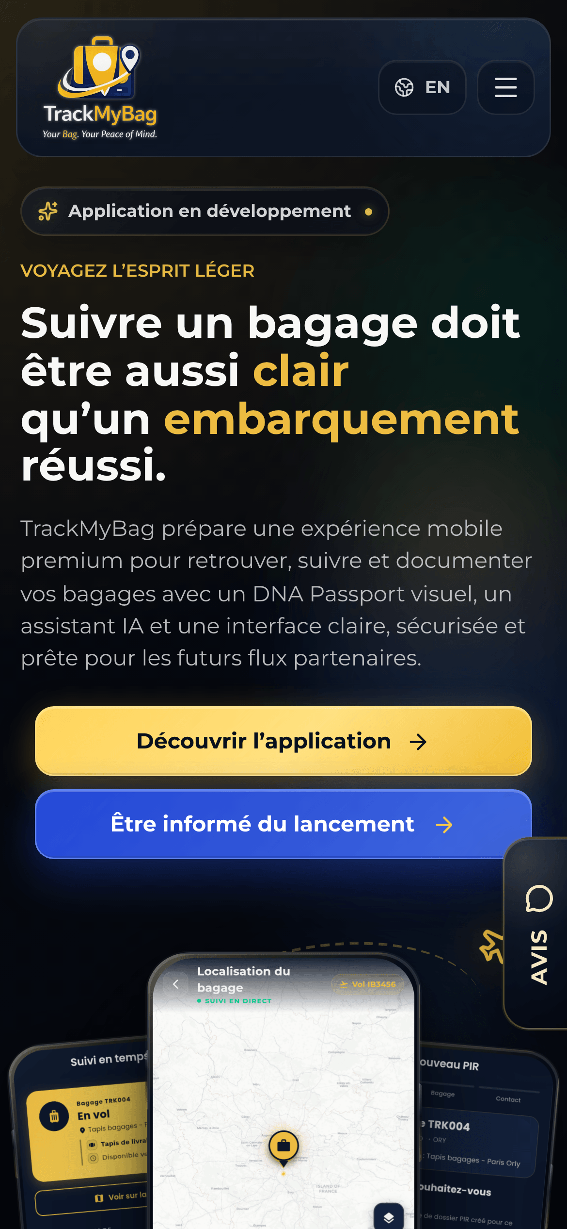 TrackMyBag — site vitrine sur smartphone