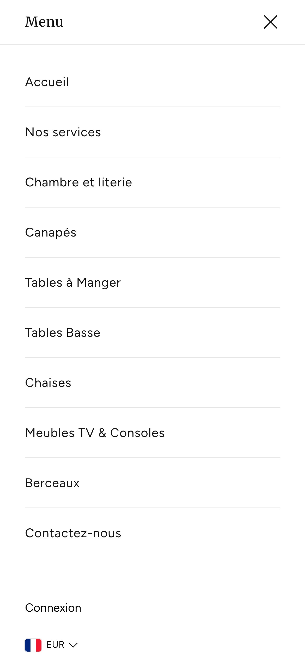 Nova Meubles sur smartphone — menu des rayons