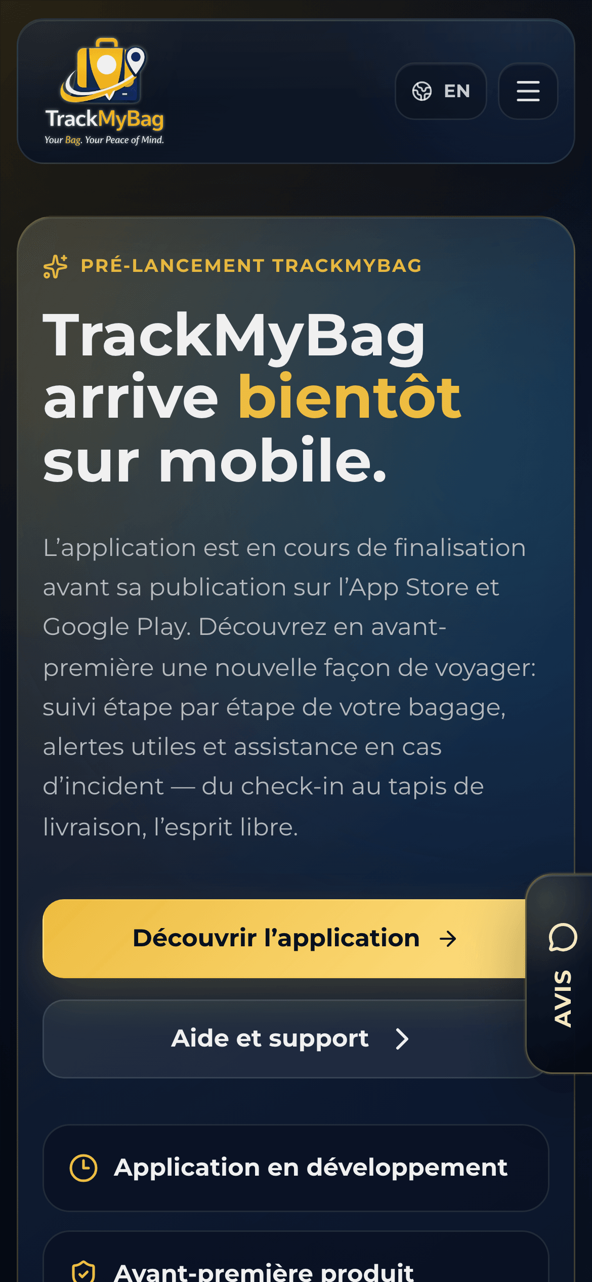 TrackMyBag — page de pré-lancement sur smartphone