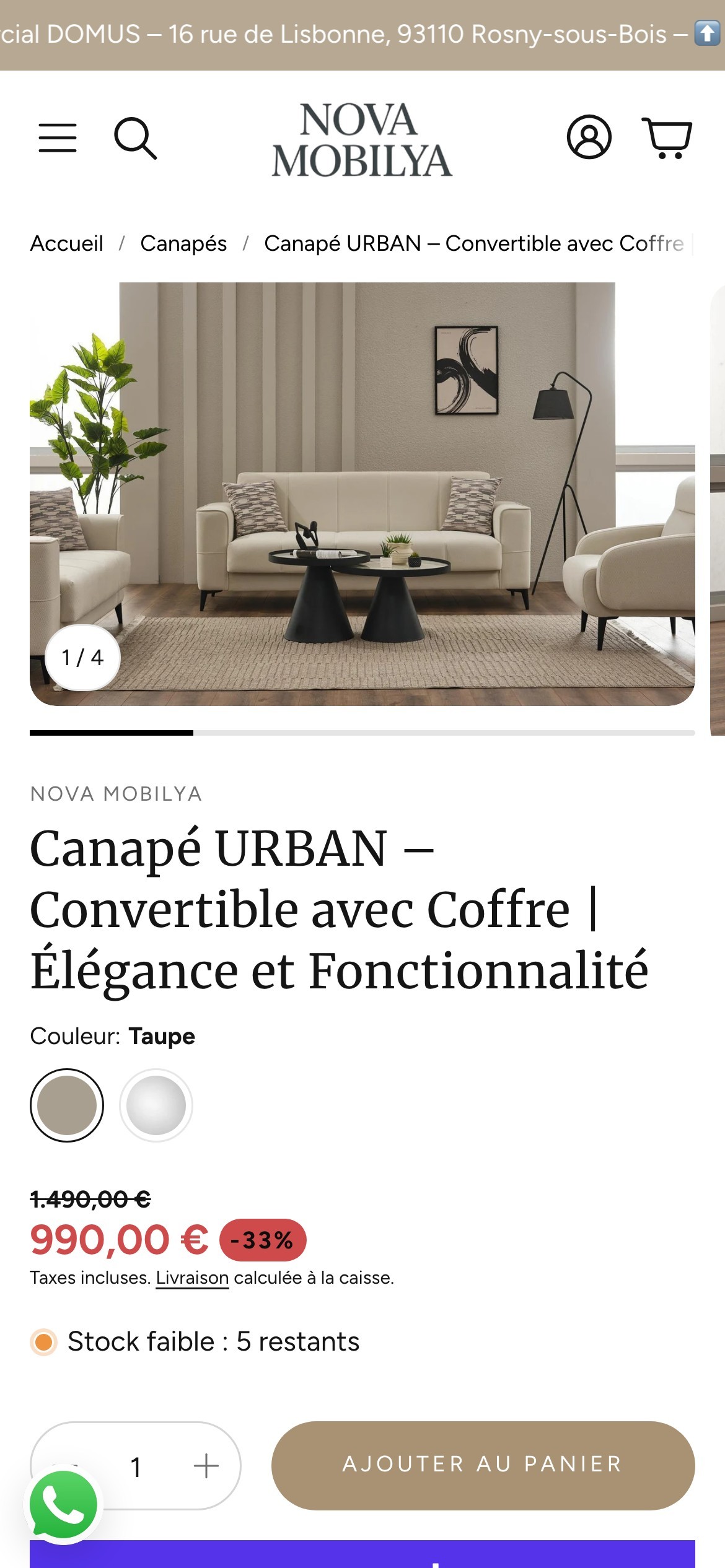 Nova Meubles sur smartphone — fiche produit d'un canapé convertible