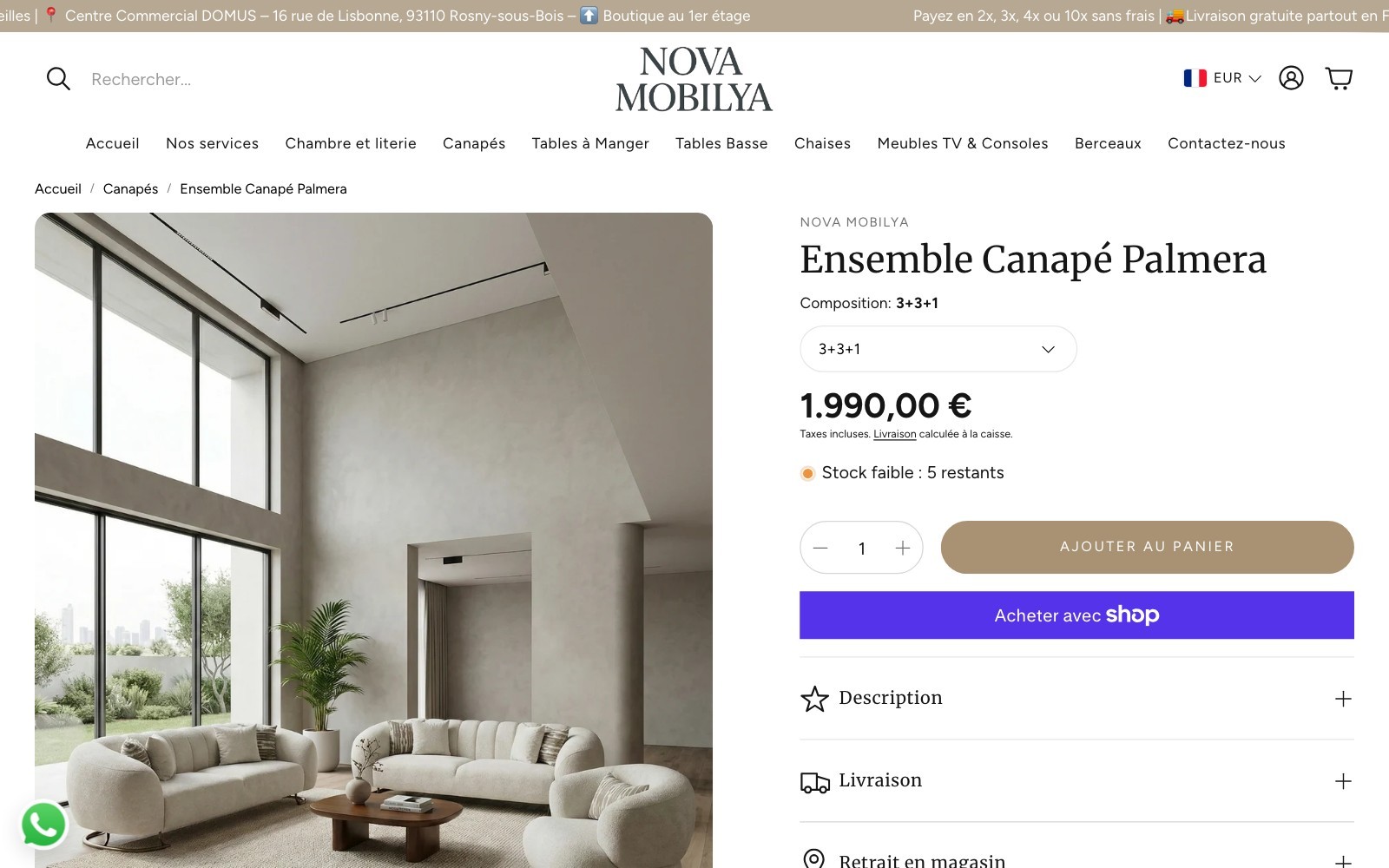 Nova Meubles — fiche produit d'un ensemble de canapés avec choix de la composition