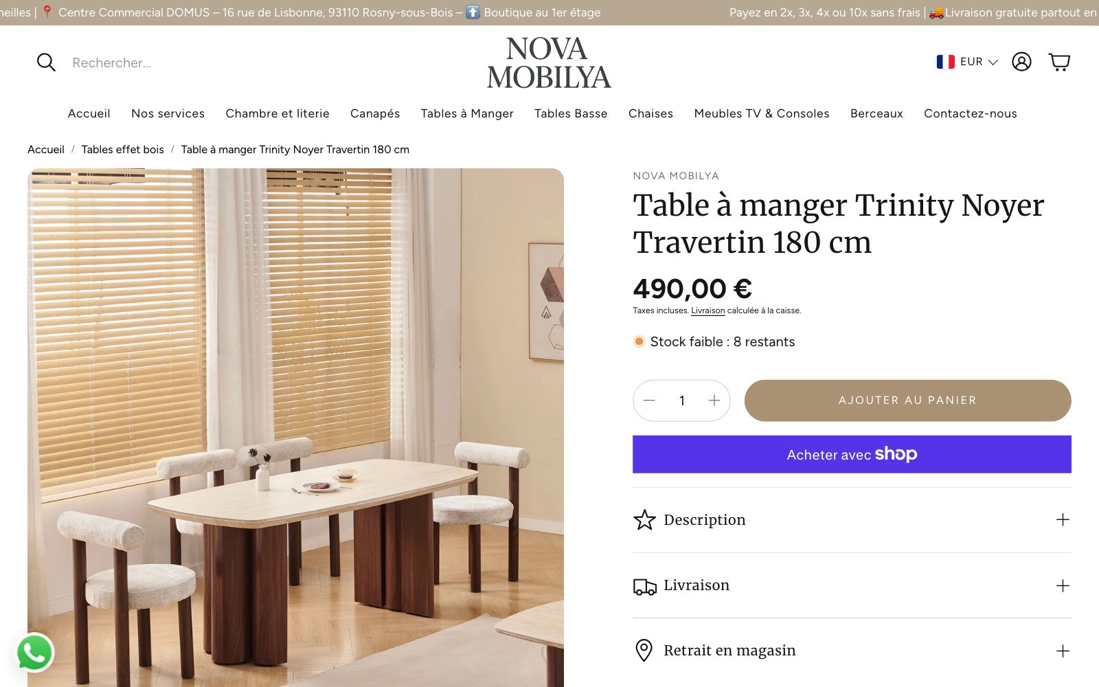 Nova Meubles — fiche produit d'une table à manger : prix, stock, livraison et retrait en magasin