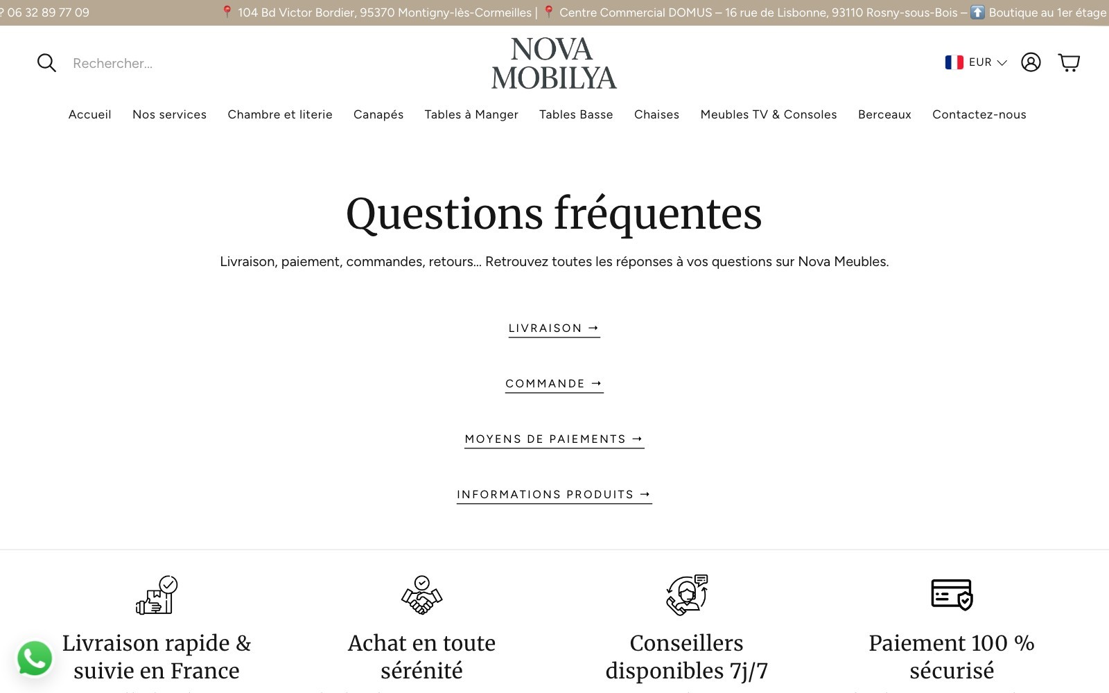 Nova Meubles — pages d'aide sur la livraison, la commande, le paiement et les produits